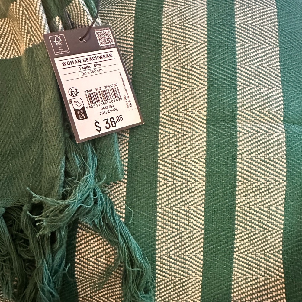 PIOMBO Turquoise and White Striped Beach Towel NWT